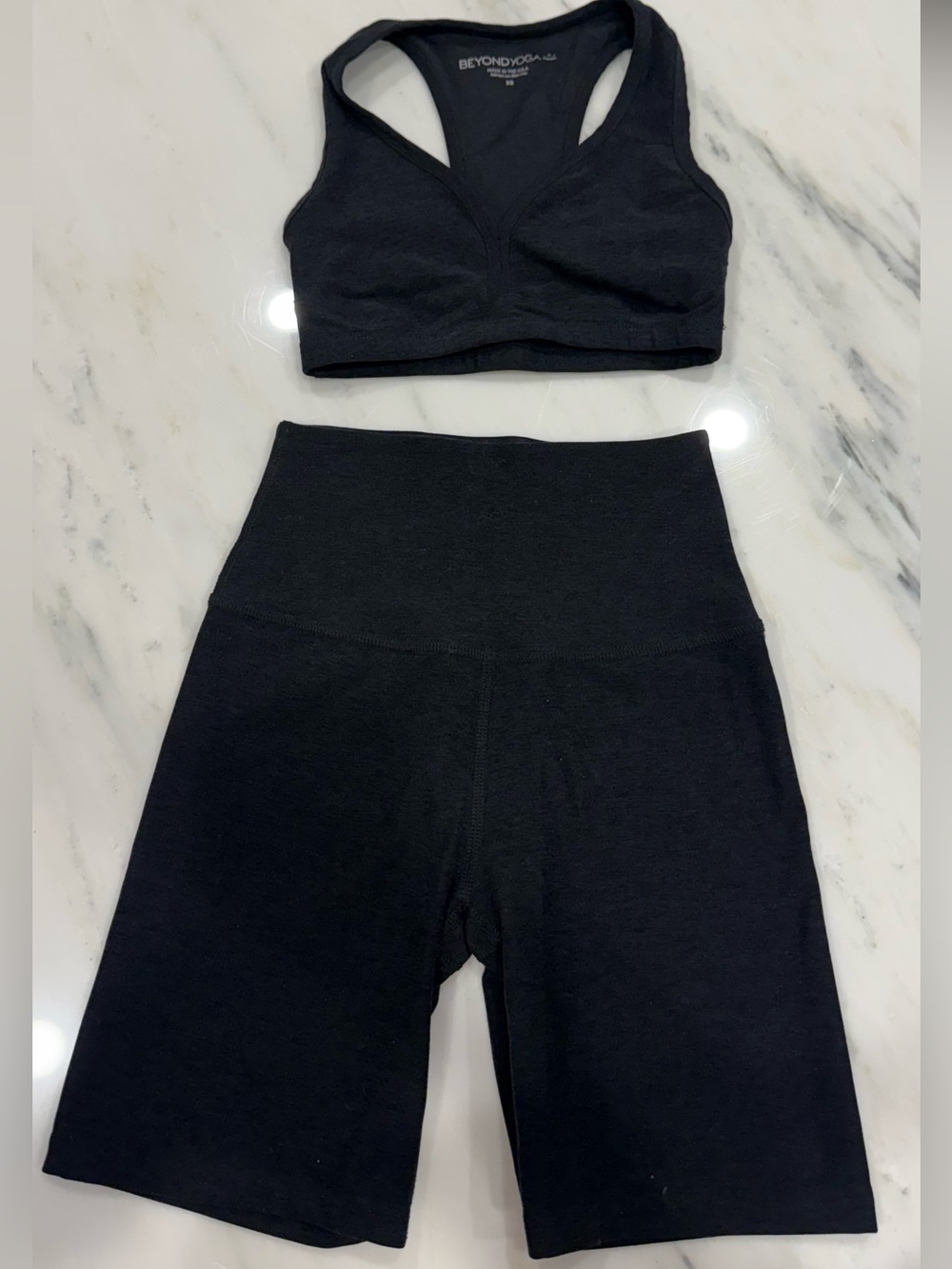 Beyond Yoga Black Seamless Racerback Sports Bra & High-Waist Biker Shorts